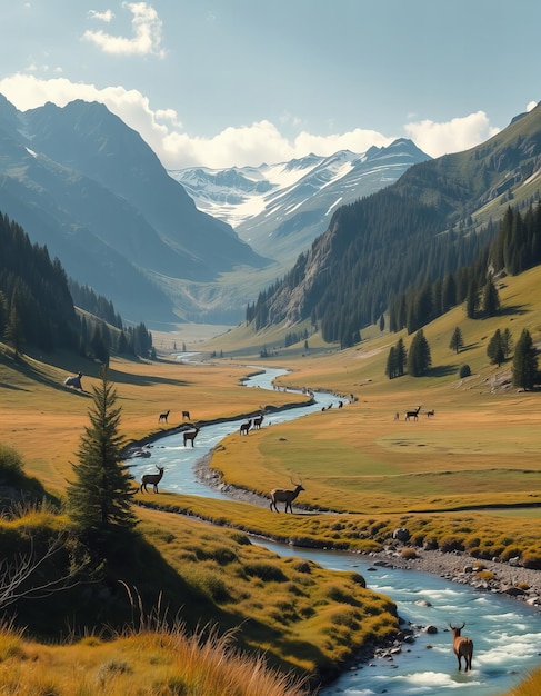 Photo a river running through a valley with mountains in the background