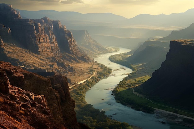 Photo a river runs through a canyon with a river in the background