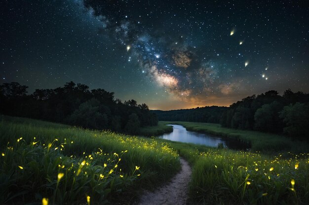 Photo a river runs through a field of flowers and the night sky is lit up