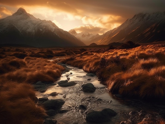 A river runs through a field with mountains in the background.