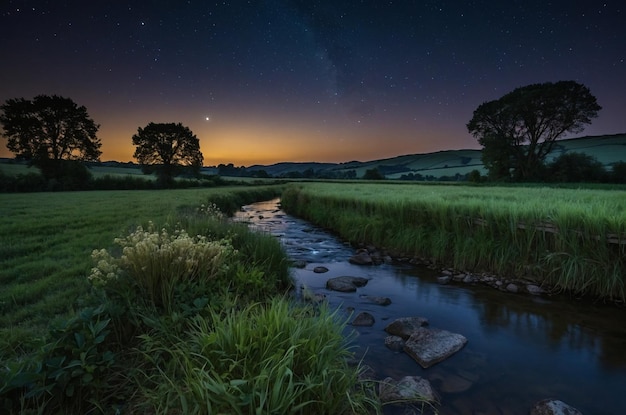 Photo a river runs through a field with a starry sky in the background