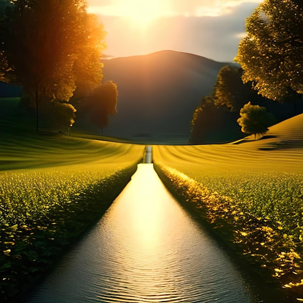 A river runs through a field with a sunset in the background.