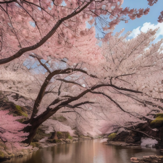 A river runs through a forest with a large tree with pink flowers.