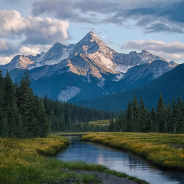 a river runs through a forest with a mountain in the background