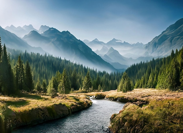 A river runs through a forest with mountains in the background