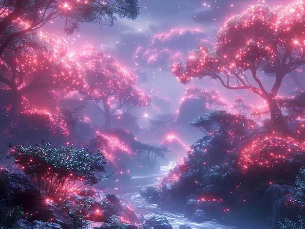 a river runs through the forest with purple lights