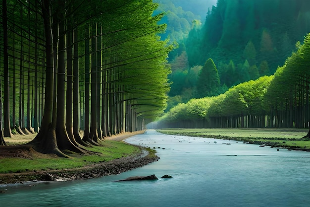 A river runs through a forest with trees in the background