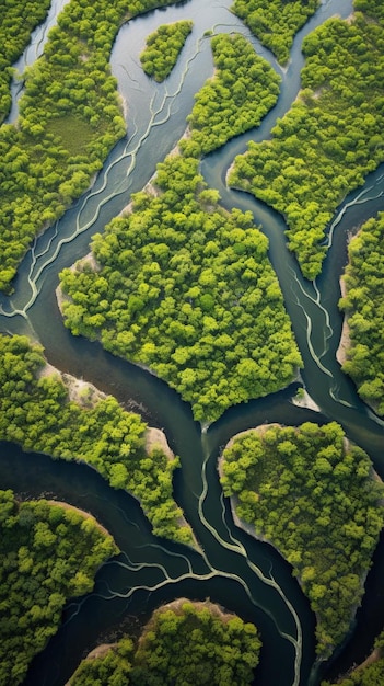 a river runs through a forest with trees in the middle.