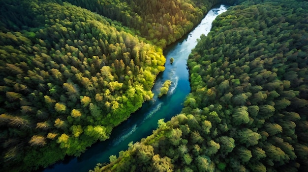 a river runs through a forest with trees and a river in the foreground