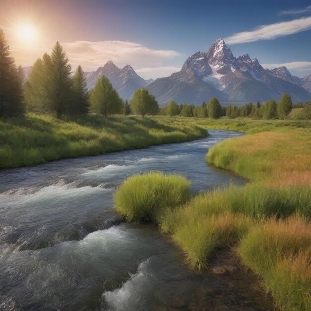 Photo a river runs through a grassy area with a mountain in the background