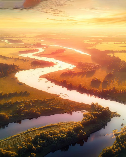 A river runs through a green field with a sunset in the background.