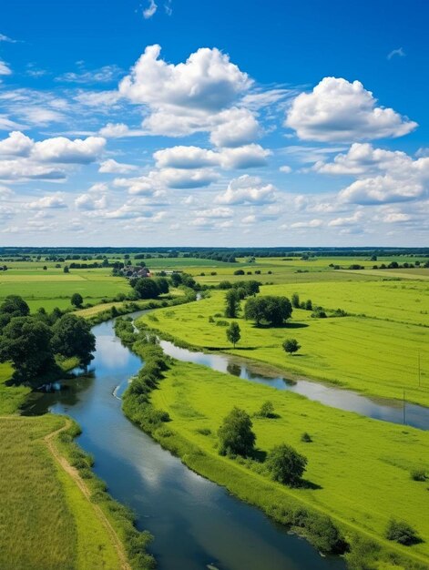 Photo a river runs through a green field with trees and clouds