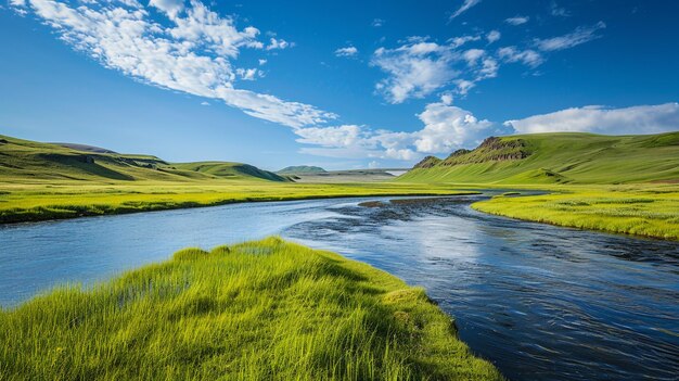 a river runs through a green valley with a mountain in the background