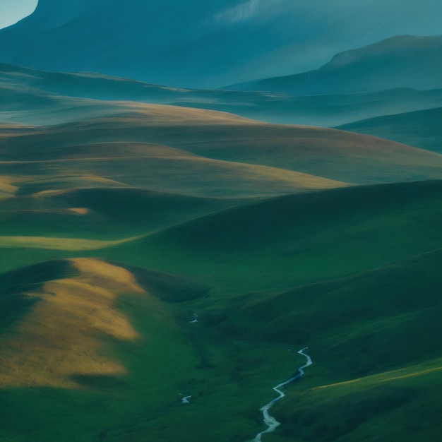 Photo a river runs through a green valley with a mountain in the background.