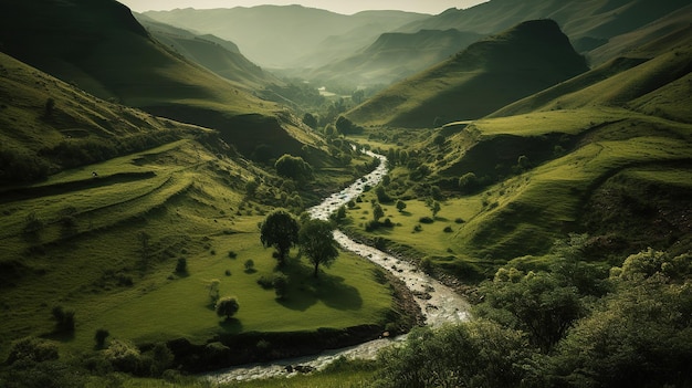 A river runs through a green valley with mountains in the background.