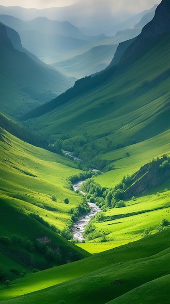 A river runs through a green valley