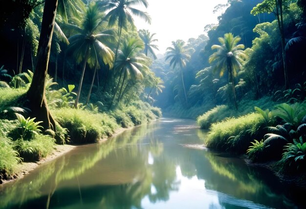 a river runs through a jungle with trees and plants