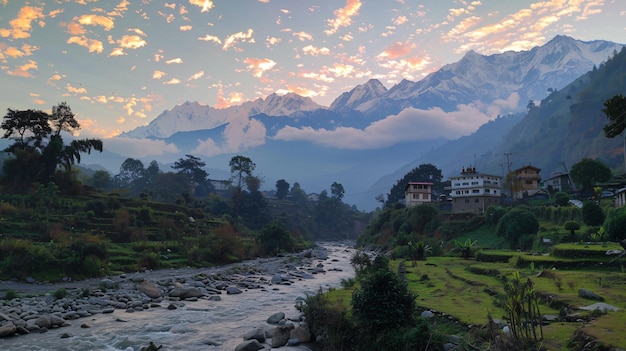 a river runs through a mountain valley with a mountain in the background