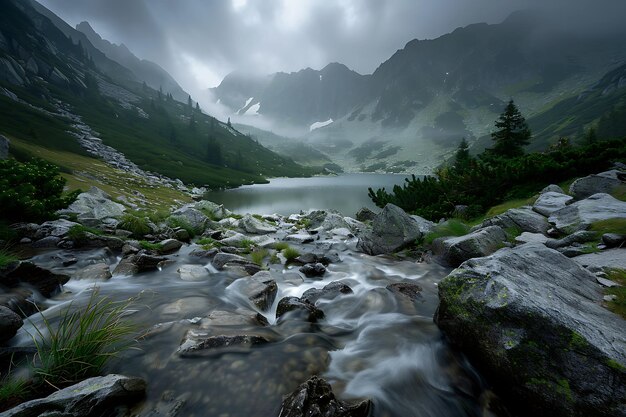 a river runs through a mountain valley with a mountain in the background