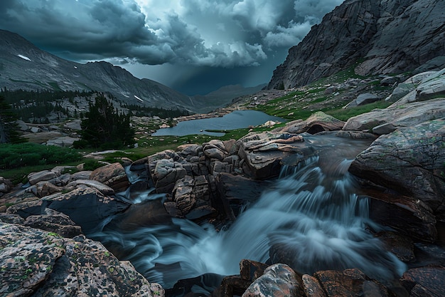 a river runs through a mountain valley with a mountain in the background