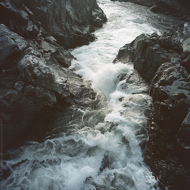 a river runs through a rocky area with a waterfall in the background