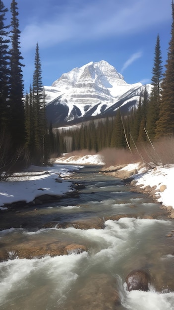 A river runs through a snowy mountain landscape.