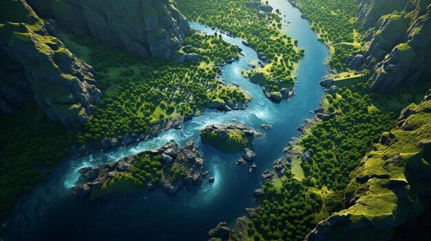 a river runs through a valley with a blue river running through it.