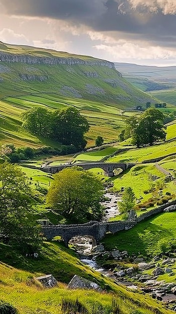 a river runs through a valley with a bridge and a river