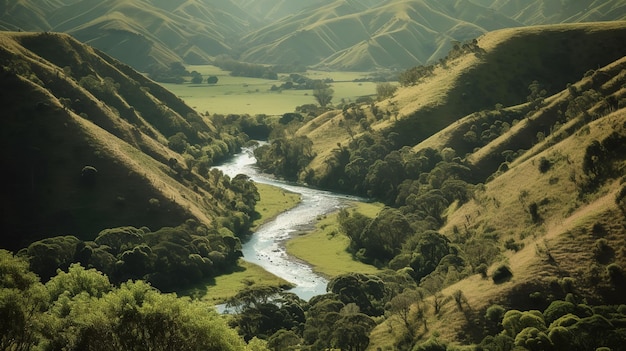 A river runs through a valley with green hills and trees.