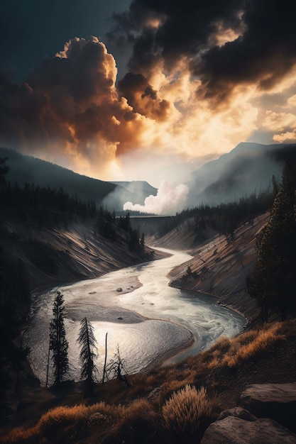 A river runs through a valley with a mountain in the background Mobile wallpaper Ai generated