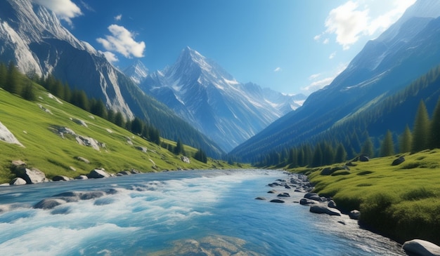 a river runs through a valley with a mountain in the background