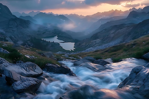 a river runs through a valley with a mountain in the background