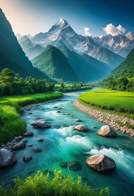 a river runs through a valley with mountains in the background