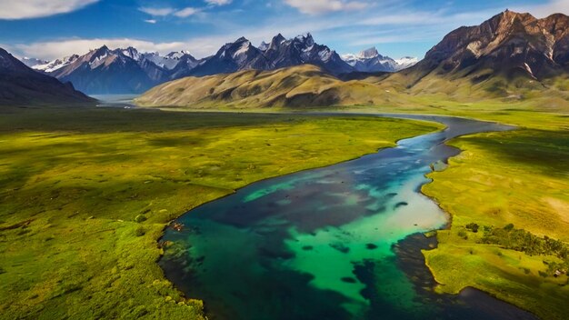 a river runs through a valley with mountains in the background