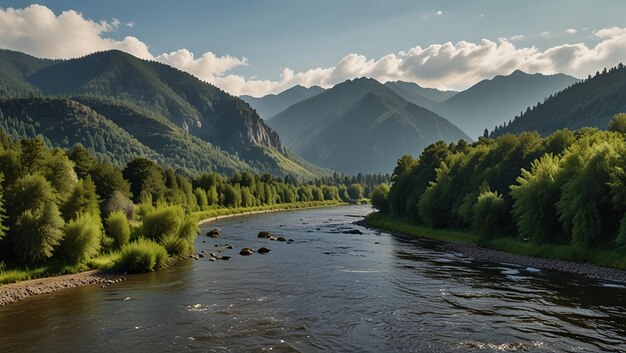 a river runs through a valley with mountains in the background