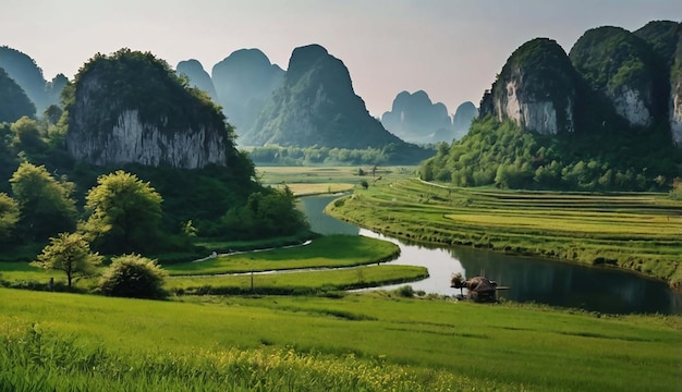 a river runs through a valley with mountains in the background