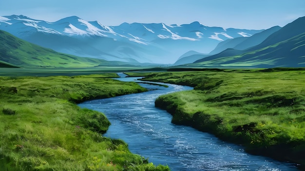 a river runs through a valley with mountains in the background