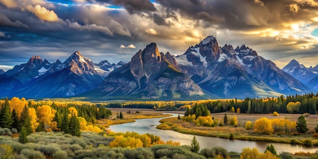 Photo a river runs through a valley with mountains in the background