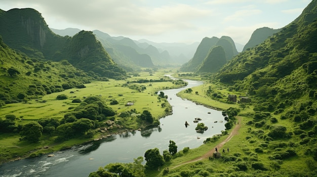 a river runs through a valley with mountains in the background