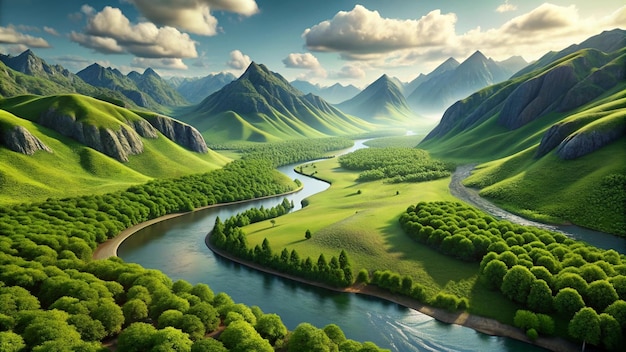 a river runs through a valley with mountains and trees