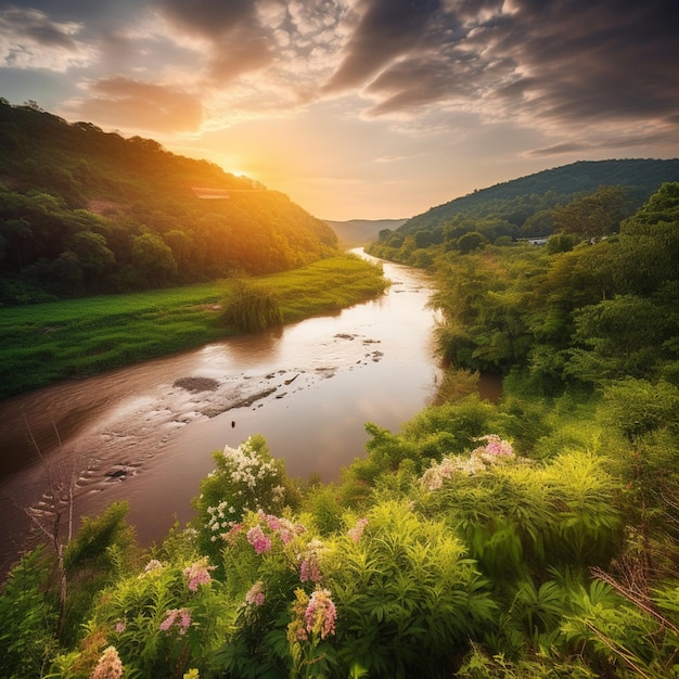 A river runs through a valley with a sunset in the background.