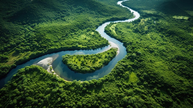 A river runs through a valley with trees and a road leading to it.