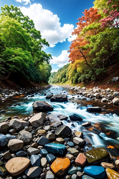 River stone and tree with sky and cloud colorful stone river and tree leaf in forest ai generated