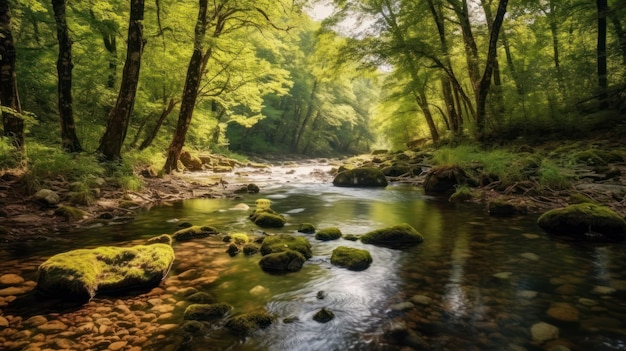 River stream in the mountains Mountain river stream in woods generate AI