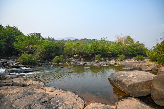 River stream waterfall in forest landscape beautiful nature water stream with rocks in the tropical forest little mountain waterfall water flowing and stone clear water in mountain river with tree