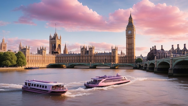 River Thames in London England There are several pink doubledecker tour boats on the river and