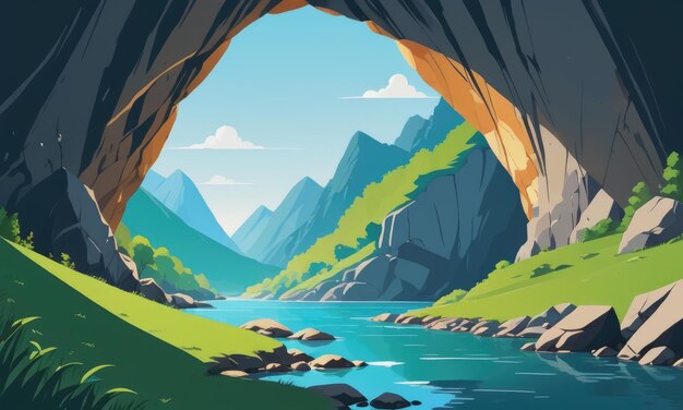 River through cave entrance vector background