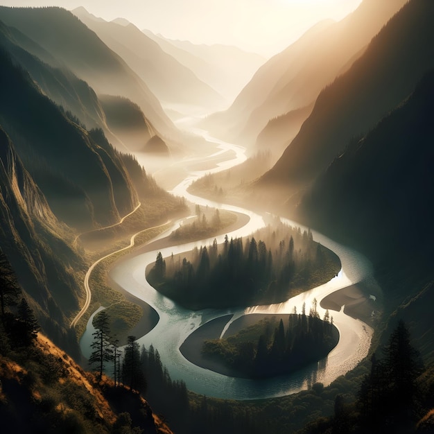 The river winds through the valley a serpentine ribbon of life in the wilderness nourishing the la