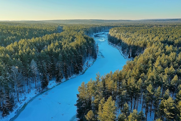 river in winter view from drone, outdoor frost forest landscape