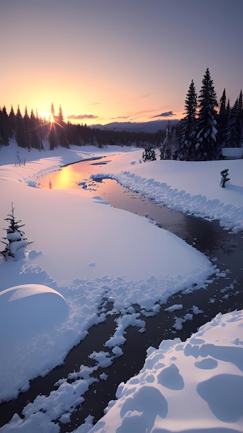 A river in the winter with snow covered trees and a sunset